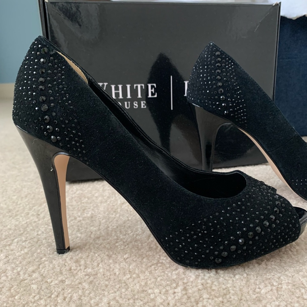 Black suede embellished peep-toe heels, size 7.5